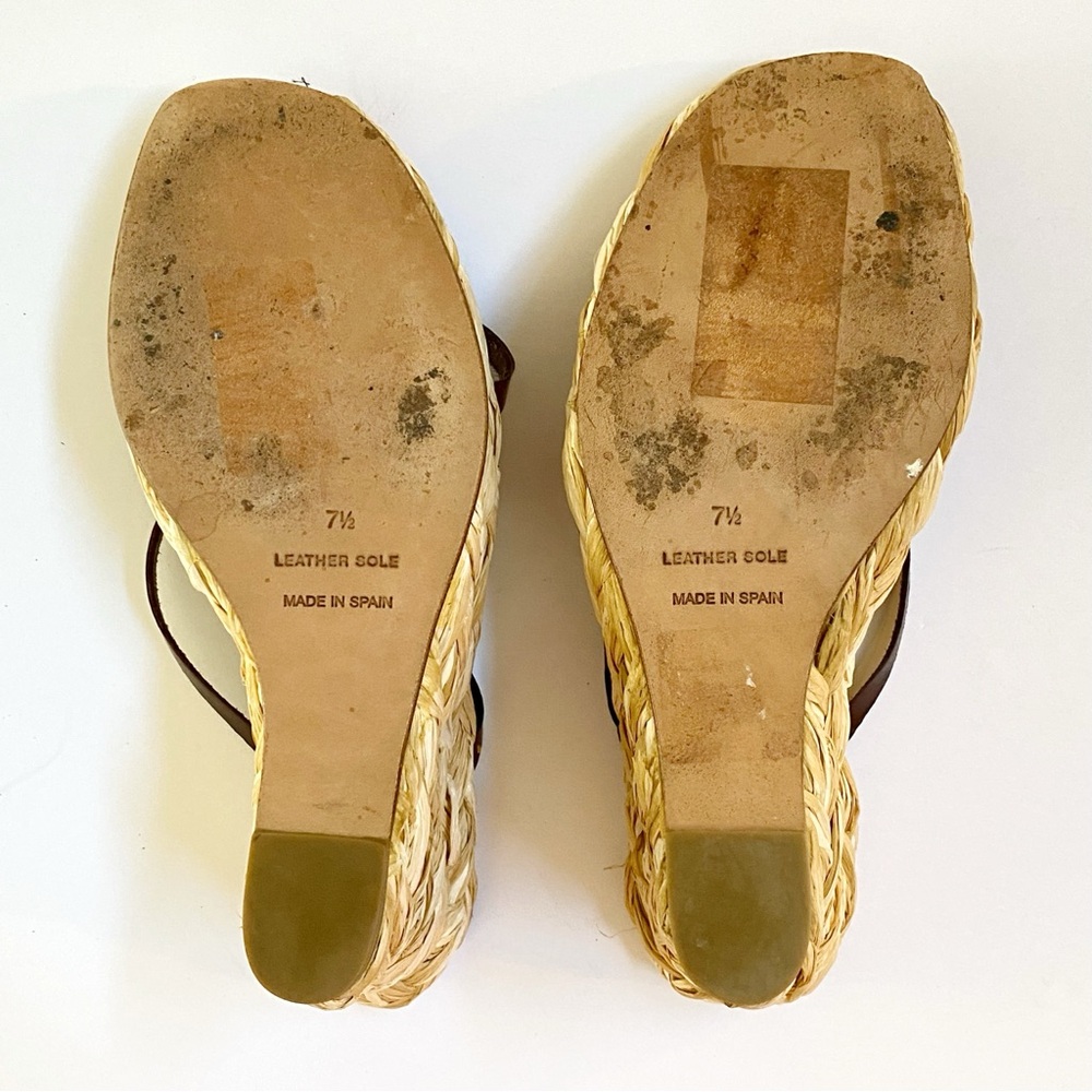 ROBERT CLERGERIE BROWN LEATHER STRAPS OPEN TOE BRAIDED ESPADRILLE WEDGES - Picture 8 of 9
